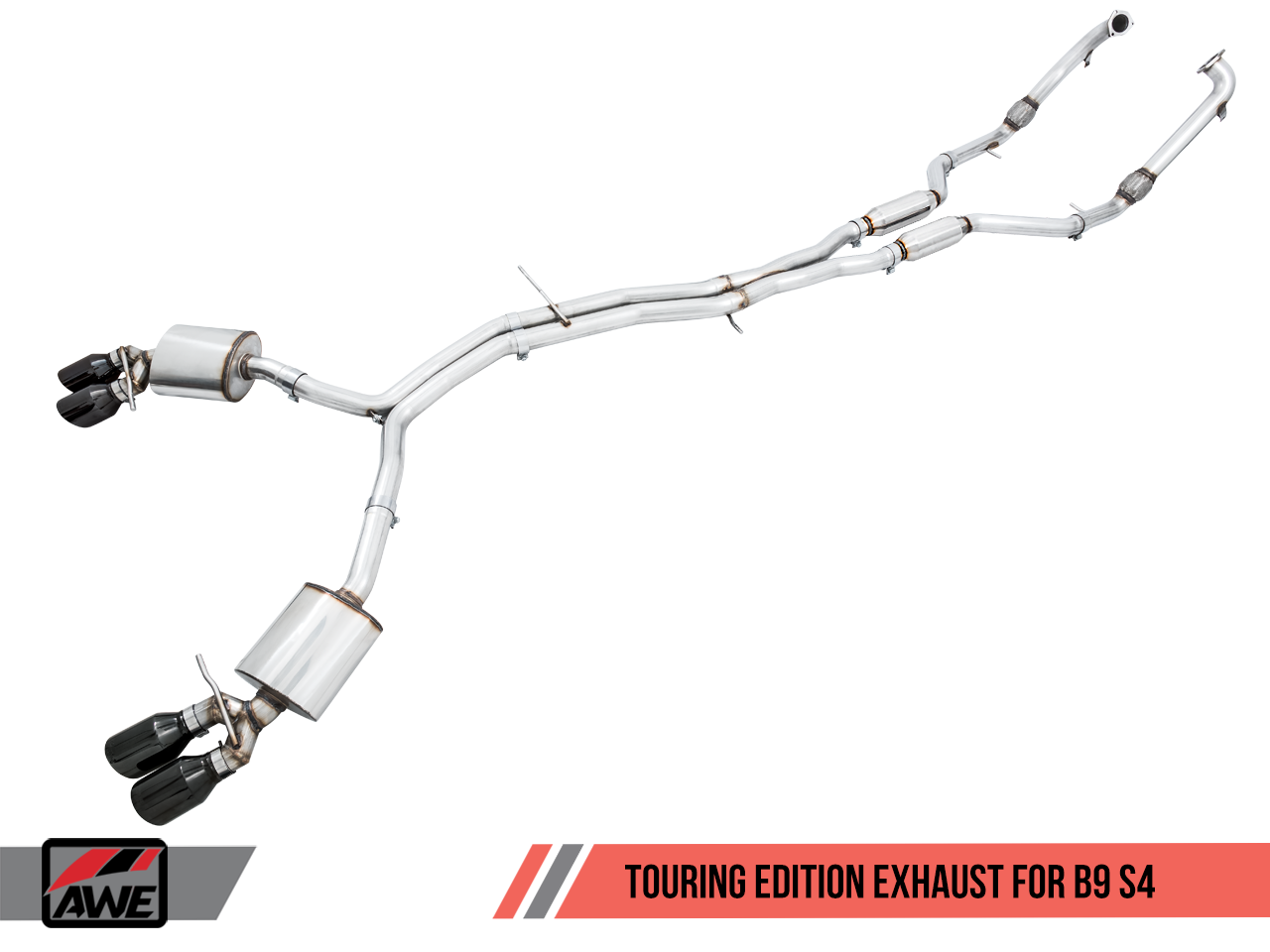 AWE Touring Edition Exhaust for B9 S4 - Resonated for Performance Catalyst - Diamond Black 102mm Tips