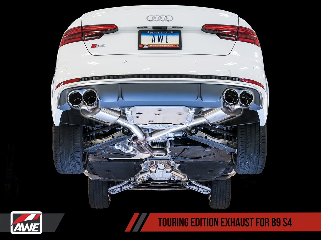 AWE Touring Edition Exhaust for B9 S4 - Resonated for Performance Catalyst - Diamond Black 90mm Tips