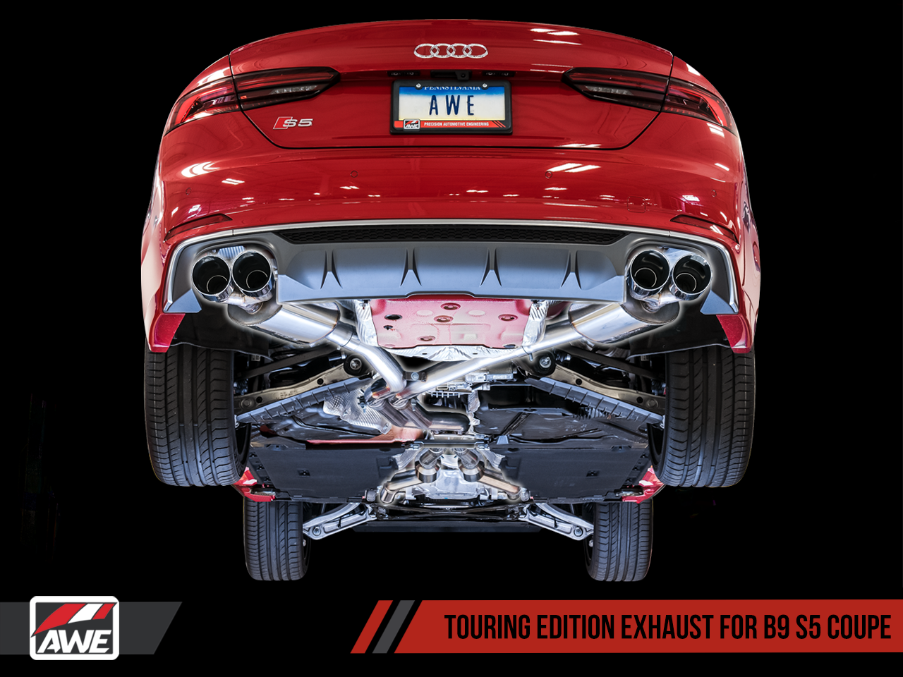 AWE Touring Edition Exhaust for B9 S5 Sportback - Resonated for Performance Catalyst - Diamond Black 102mm Tips