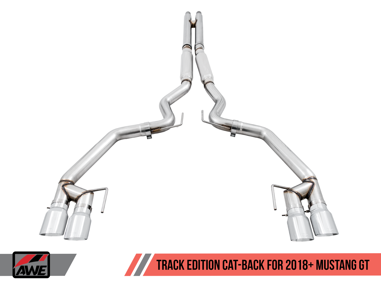 AWE Track Edition Cat-back Exhaust for the 2018+ Mustang GT - Quad Chrome Silver Tips