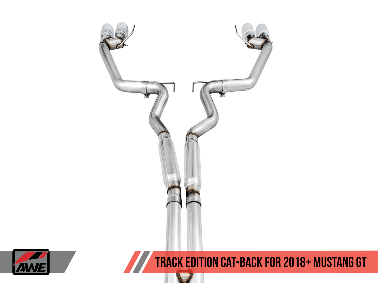 AWE Track Edition Cat-back Exhaust for the 2018+ Mustang GT - Quad Chrome Silver Tips