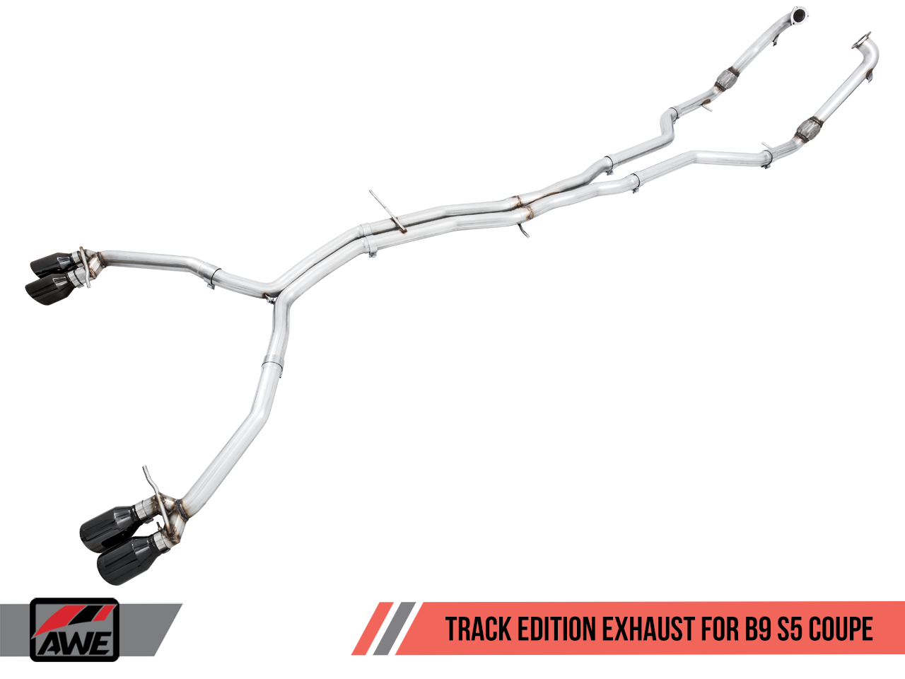 AWE Track Edition Exhaust for B9 S5 Coupe - Resonated for Performance Catalyst - Diamond Black 90mm Tips