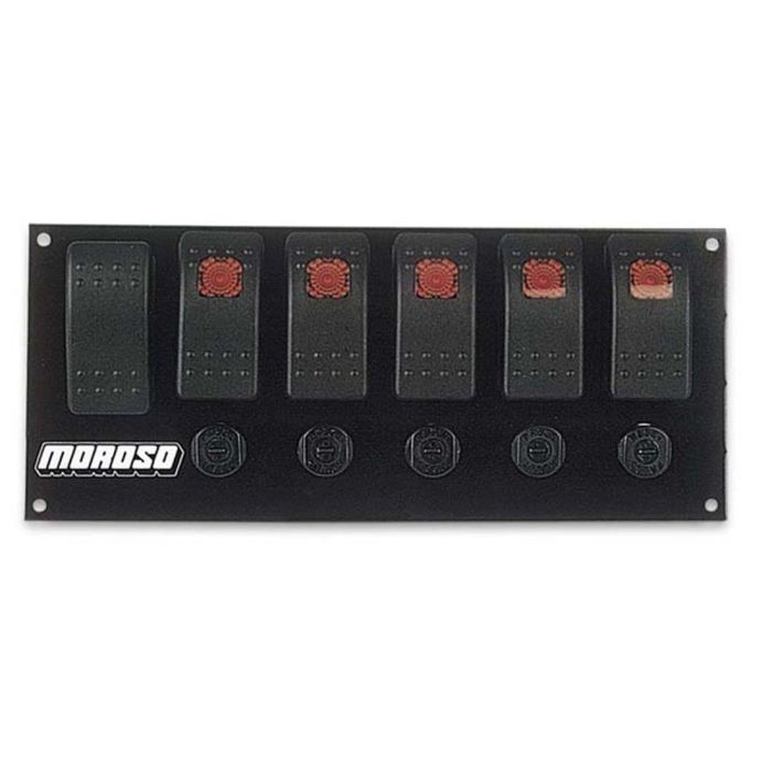 Moroso Rocker Switch Panel - Flat Surface Mount - LED - 3.3888in x 8in - Five On/Off Switches