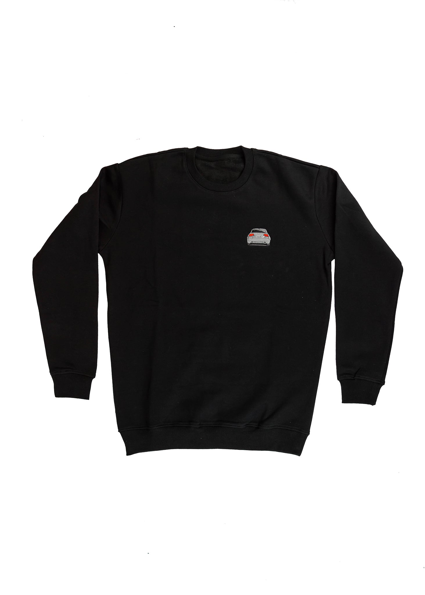 A black B7 RS4 crewneck sweater for men. Photo is the front of the sweater with an embroidered B7 RS4. Fabric is a cotton and polyester mix and high quality and fits to size. The style is long sleeve, crew neck, and embroidery on left chest.