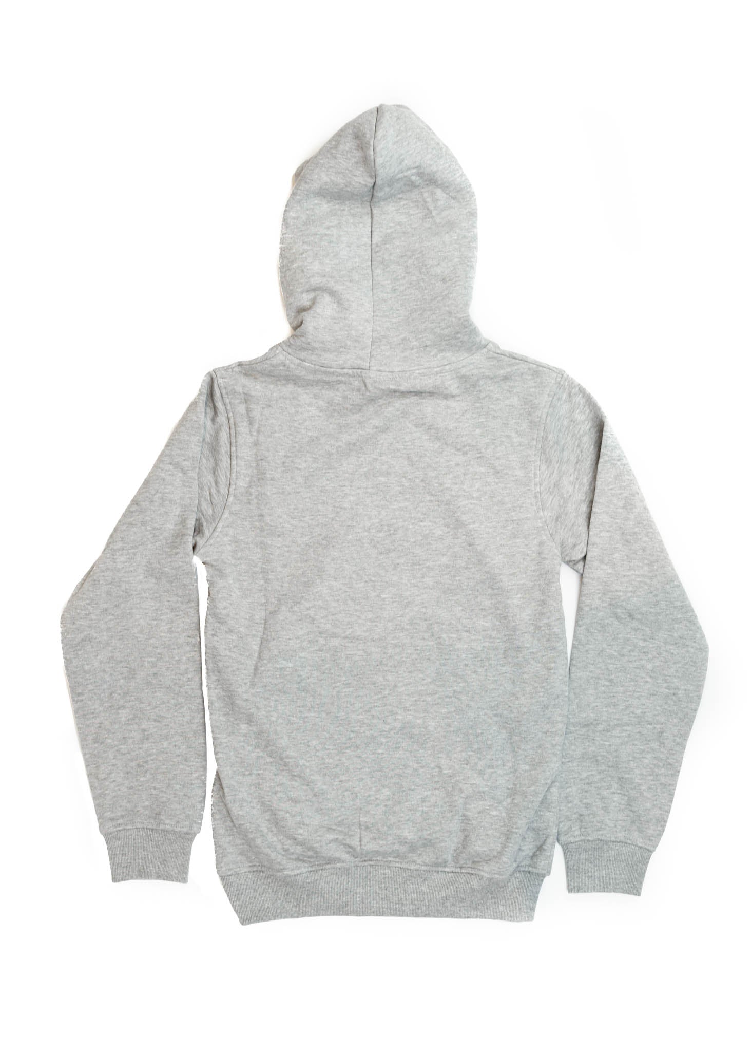 A grey B7 RS4 unisex hoodie for men and women. Photo is a back view of the sweater with an embroidered grey B7 RS4. Fabric composition is cotton, polyester, and rayon. The material is very soft, stretchy, and non-transparent. The style of this hoodie is long sleeve, crewneck with a hood, hooded, with embroidery on the left chest.