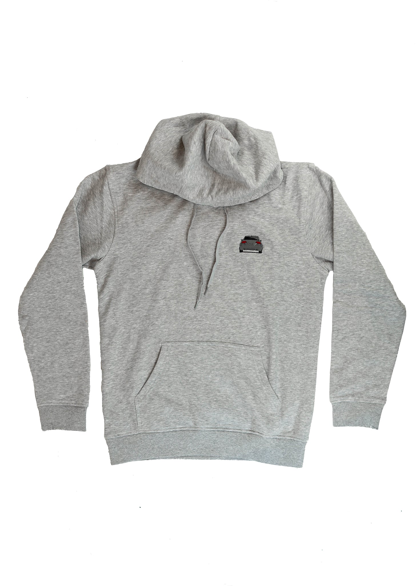 A grey B7 RS4 unisex hoodie for men and women. Photo is a front view of the sweater with an embroidered grey B7 RS4. Fabric composition is cotton, polyester, and rayon. The material is very soft, stretchy, and non-transparent. The style of this hoodie is long sleeve, crewneck with a hood, hooded, with embroidery on the left chest.