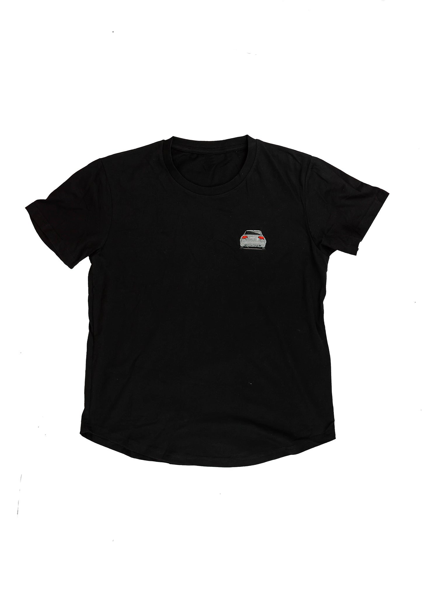 A black B7 RS4 T-Shirt for men. Photo is a front view of the shirt with an embroidered B7 RS4. Fabric composition is 65% polyester, and 35% cotton. The material is very stretchy, soft, comfortable, breathable, and non-transparent. The style of this shirt is short sleeve, with a crewneck neckline.