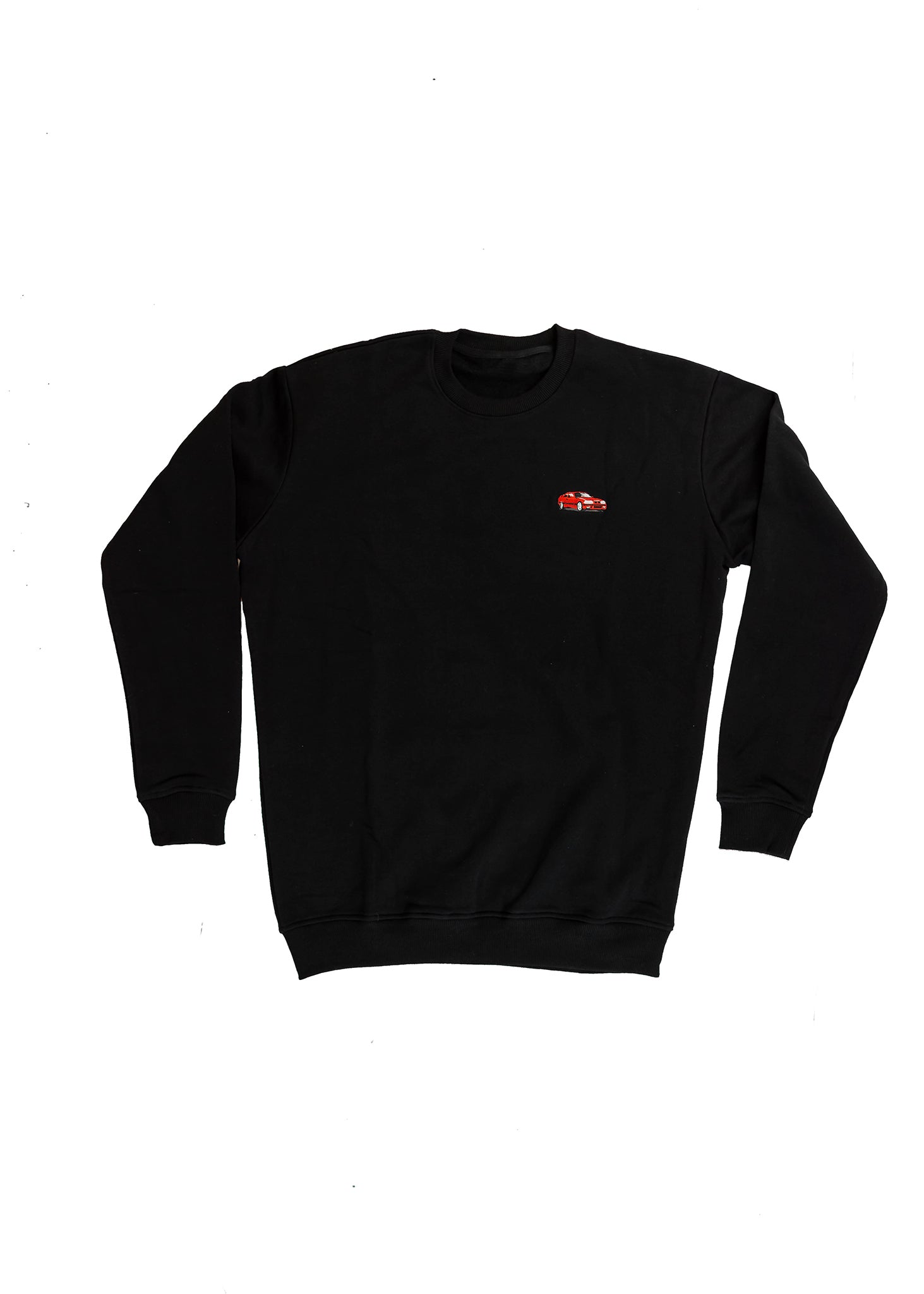 A black E36 M3 crewneck sweater for men. Photo is a front view of the sweater with an embroidered E36 M3. Fabric is a cotton and polyester mix and high quality and fits to size. The style is long sleeve, crew neck, and embroidery on left chest.