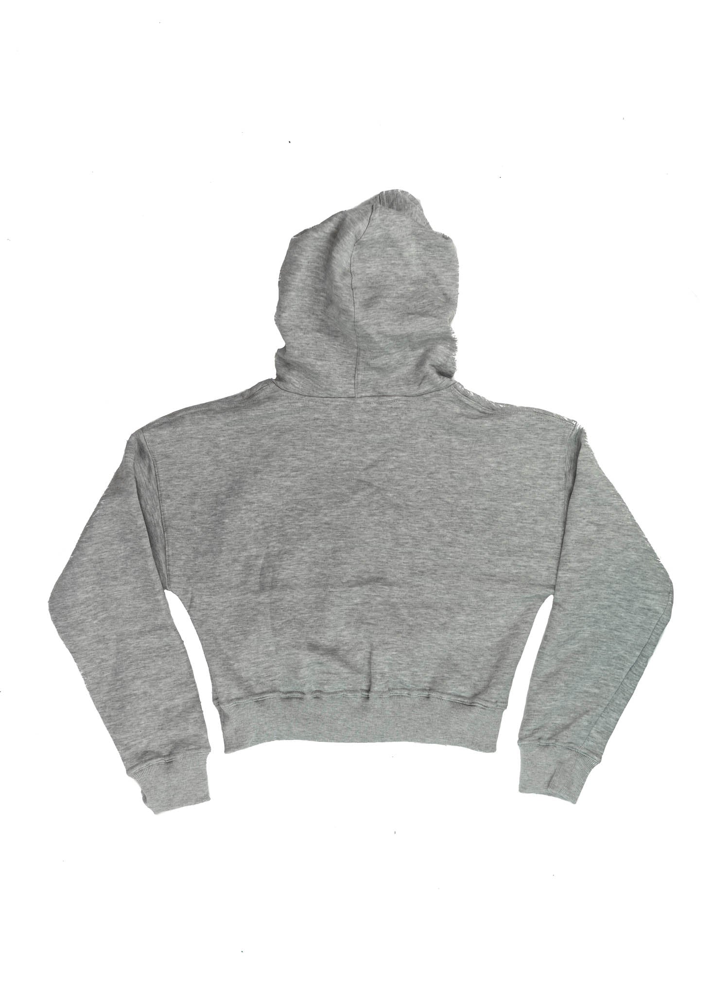 A grey E36 M3 cropped hoodie for women. Photo is a back view of the cropped sweater with an embroidered E36 M3. Fabric composition is cotton, and polyester. The material is soft, stretchy, and non-transparent. The style of this crop hoodie is long sleeve, crewneck with a hood, hooded, with embroidery on the chest.