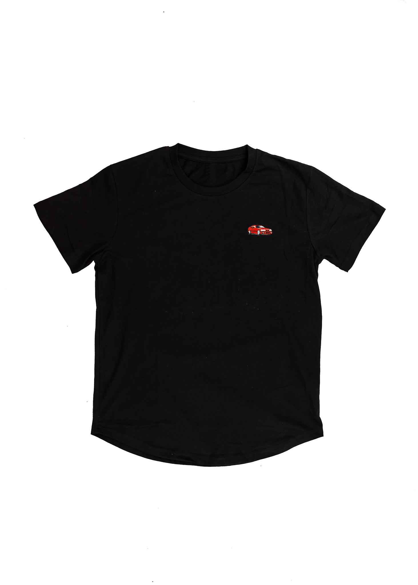 A black E36 M3 T-Shirt for men. Photo is a front view of the shirt with an embroidered red E36 M3. Fabric composition is 65% polyester, and 35% cotton. The material is very stretchy, soft, comfortable, breathable, and non-transparent. The style of this shirt is short sleeve, with a crewneck neckline.