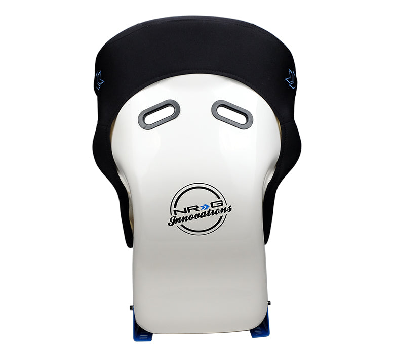 NRG FRP Bucket Seat - White Finish with Arrow Embroidery And Blue Side Mount Bracket