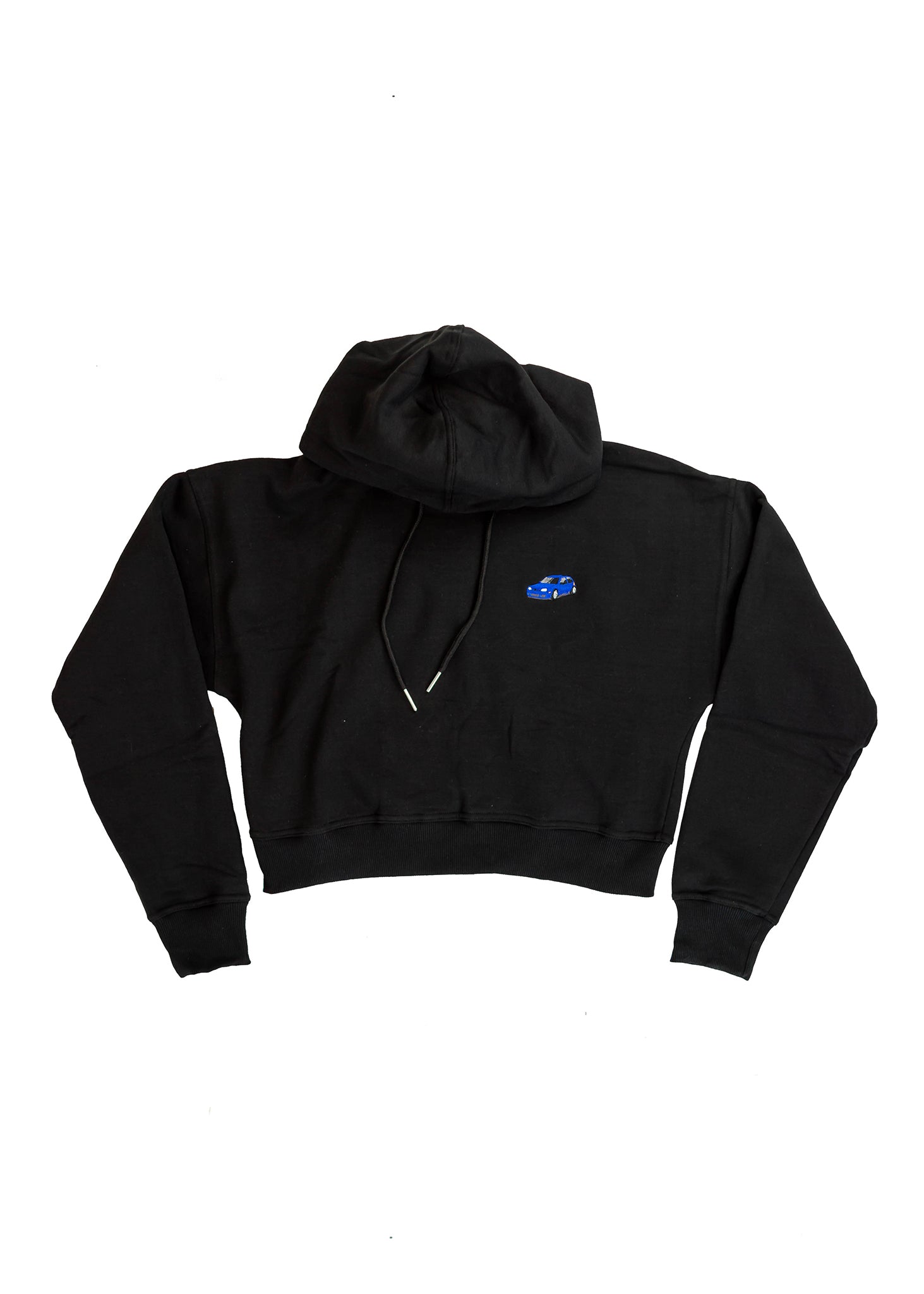 A black Mk4 Golf R32 cropped hoodie for women. Photo is a front view of the cropped sweater with an embroidered blue Mk4 Golf R32. Fabric composition is cotton. The material is soft, stretchy, and non-transparent. The style of this crop hoodie is long sleeve, crewneck with a hood, hooded, with embroidery on the chest.