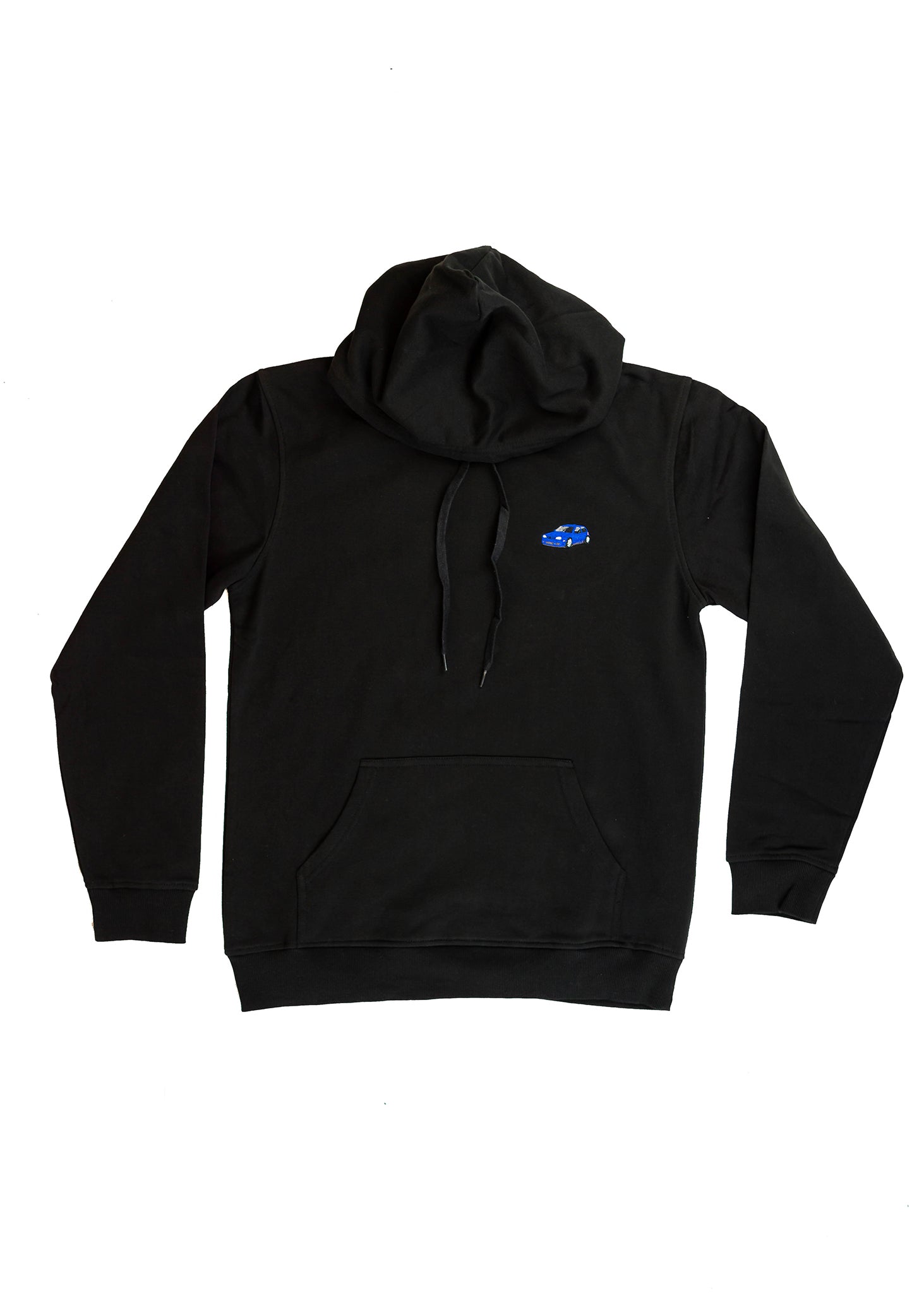 A black Mk4 Golf R32 unisex hoodie for men and women. Photo is a front view of the sweater with an embroidered blue Mk4 Golf R32. Fabric composition is cotton, polyester, and rayon. The material is very soft, stretchy, and non-transparent. The style of this hoodie is long sleeve, crewneck with a hood, hooded, with embroidery on the left chest.