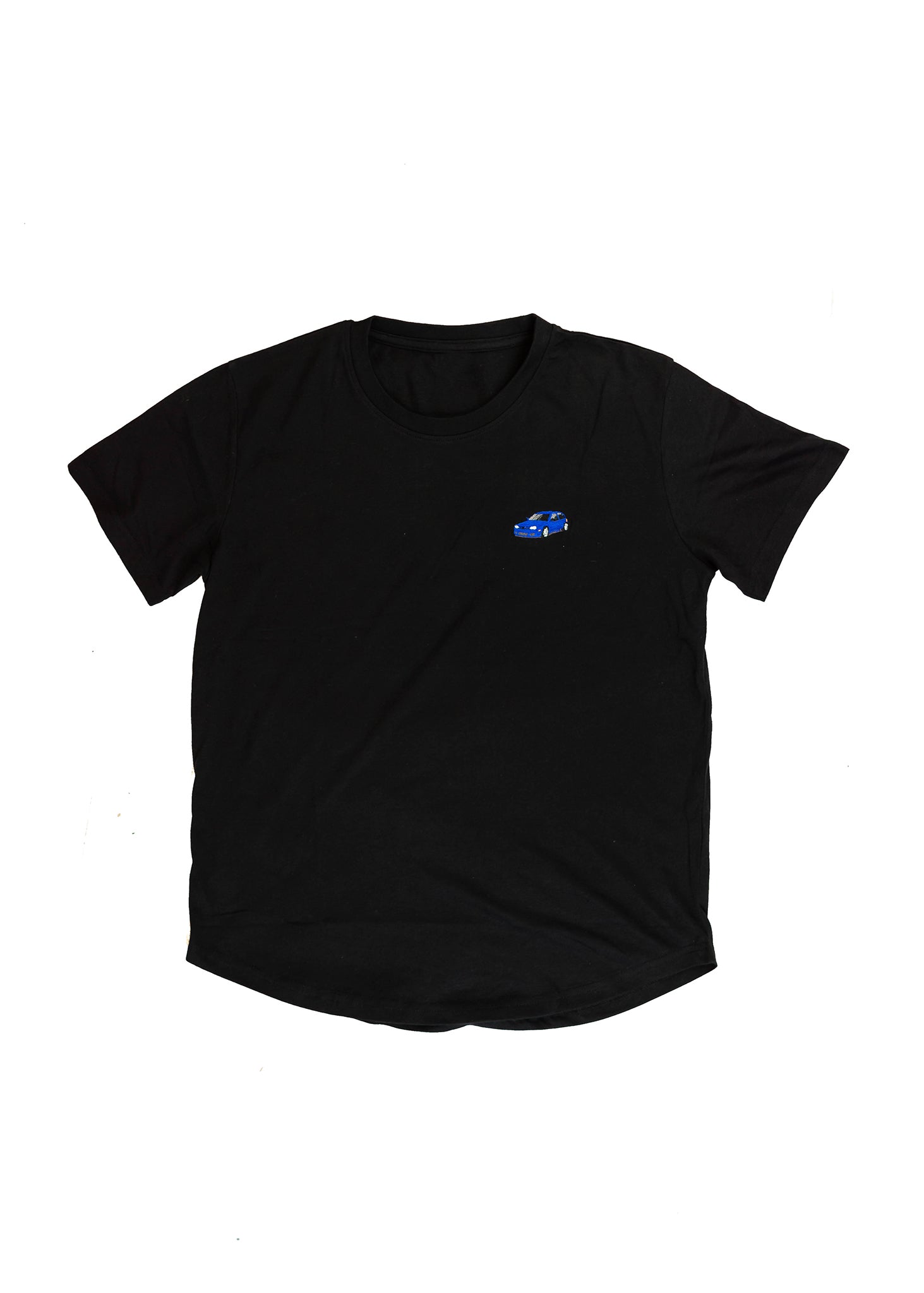 A black Mk4 Golf R32 T-Shirt for men. Photo is a front view of the shirt with an embroidered blue Mk4 Golf R32. Fabric composition is 65% polyester, and 35% cotton. The material is very stretchy, soft, comfortable, breathable, and non-transparent. The style of this shirt is short sleeve, with a crewneck neckline.